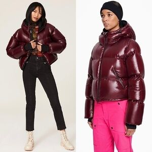 AZTECH MOUNTAIN Burgundy Maroon High Shine Cropped Hooded Ski Snow Puffer Coat S